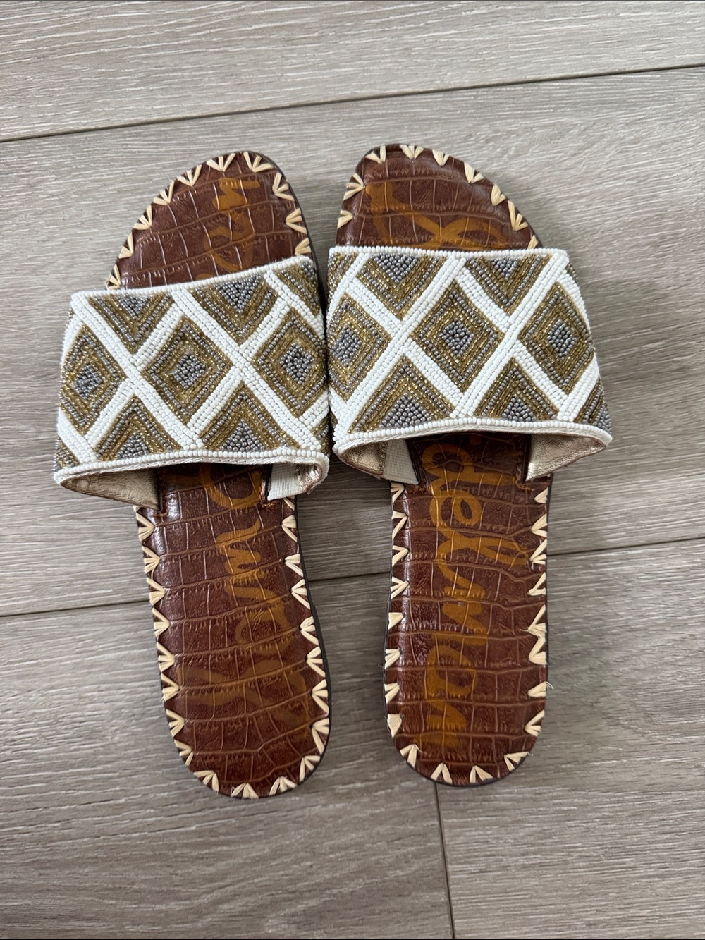 Sam Edelman Brown and Cream Beaded Slide Sandals